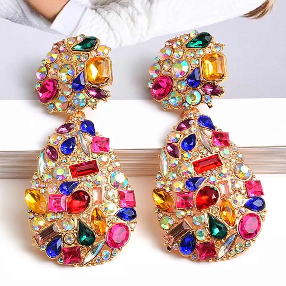 Colorful Iridescent Crystal Stud Drop Earrings - Picture 4 of 7
